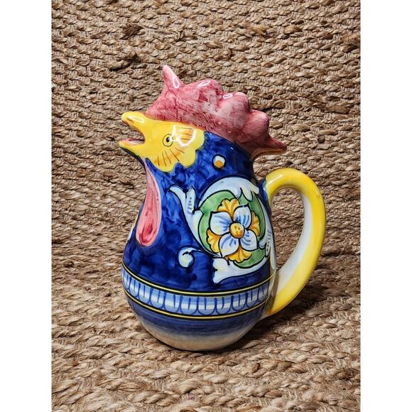 Pottery Majolica Rooster Pitcher Handmade Painted Italy Marked Dip. A Mano 9.5" - Picture 1 of 10
